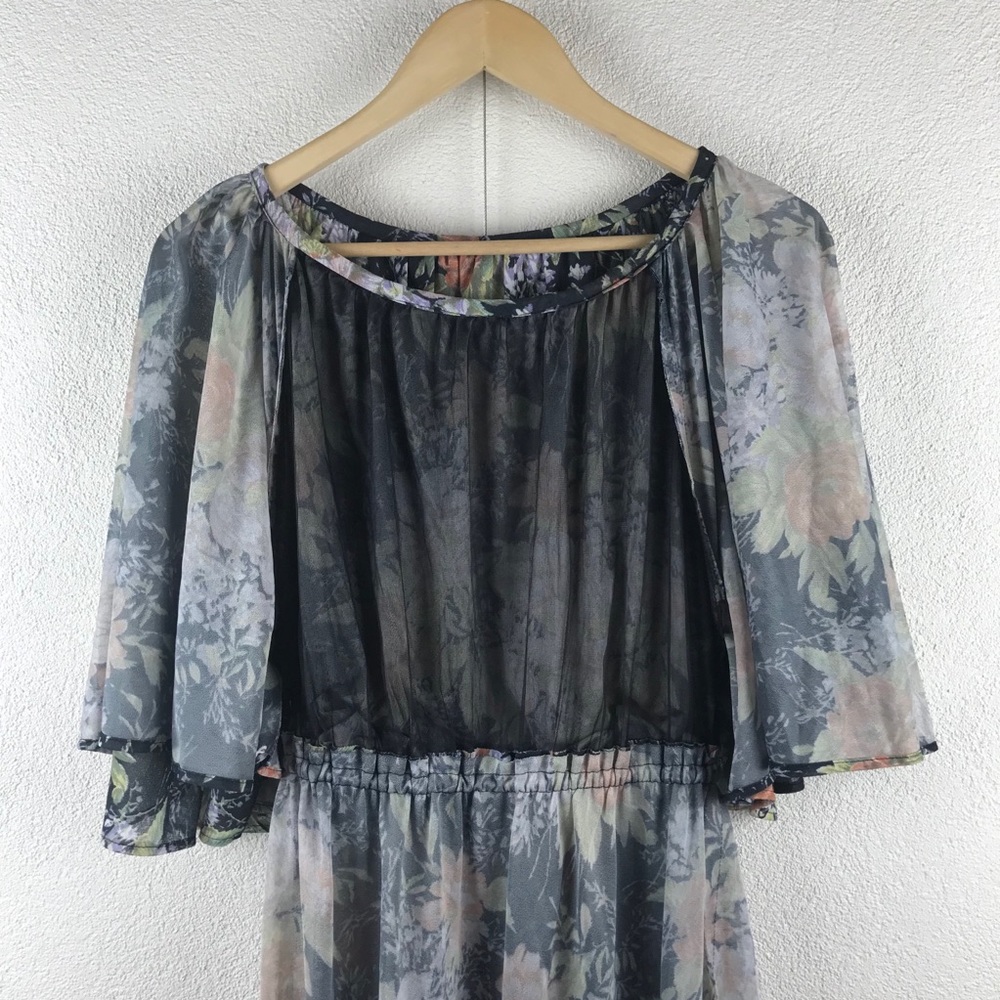 Vintage l 70s M Bohemian Cottagecore Floral Semi-Sheer Cape Flutter Sleeve Dress - Picture 11 of 14